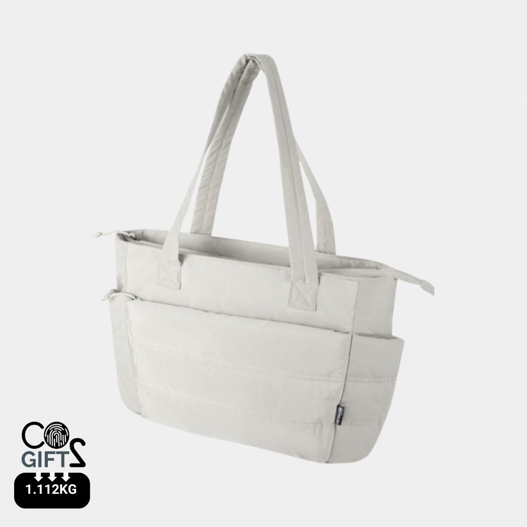 Bolsa blanca Tote reciclada certificada GRS con huella carbono calculada 1,112 kg CO2e y compartimento para portatil 15,6 pulgadas ideal para empresas sostenibles