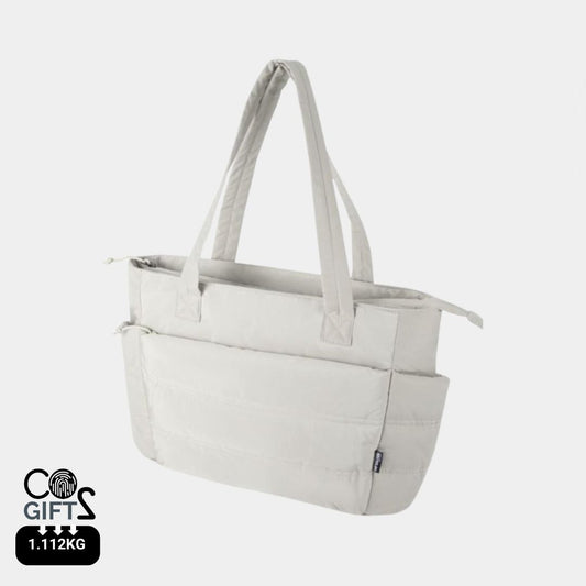 Bolsa blanca Tote reciclada certificada GRS con huella carbono calculada 1,112 kg CO2e y compartimento para portatil 15,6 pulgadas ideal para empresas sostenibles