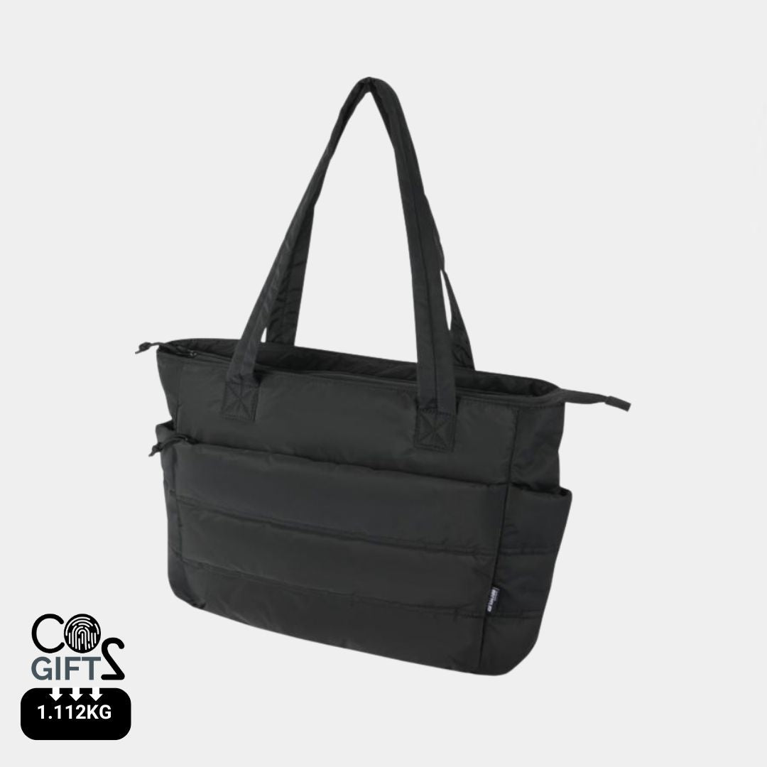 Bolsa Tote reciclada certificada GRS con huella carbono calculada 1,112 kg CO2e y compartimento para portatil 15,6 pulgadas ideal para empresas sostenibles