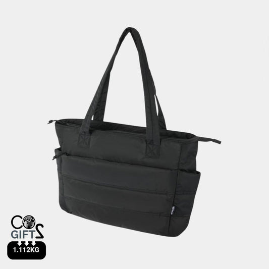 Bolsa Tote reciclada certificada GRS con huella carbono calculada 1,112 kg CO2e y compartimento para portatil 15,6 pulgadas ideal para empresas sostenibles