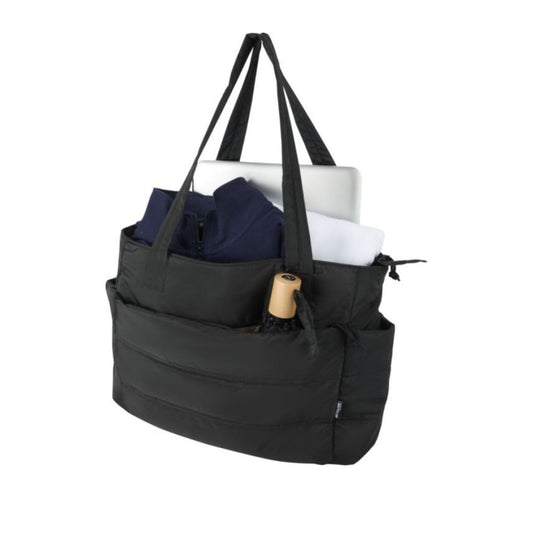 Bolsa Tote reciclada certificada GRS con huella carbono calculada 1,112 kg CO2e y compartimento para portatil 15,6 pulgadas ideal para empresas sostenibles