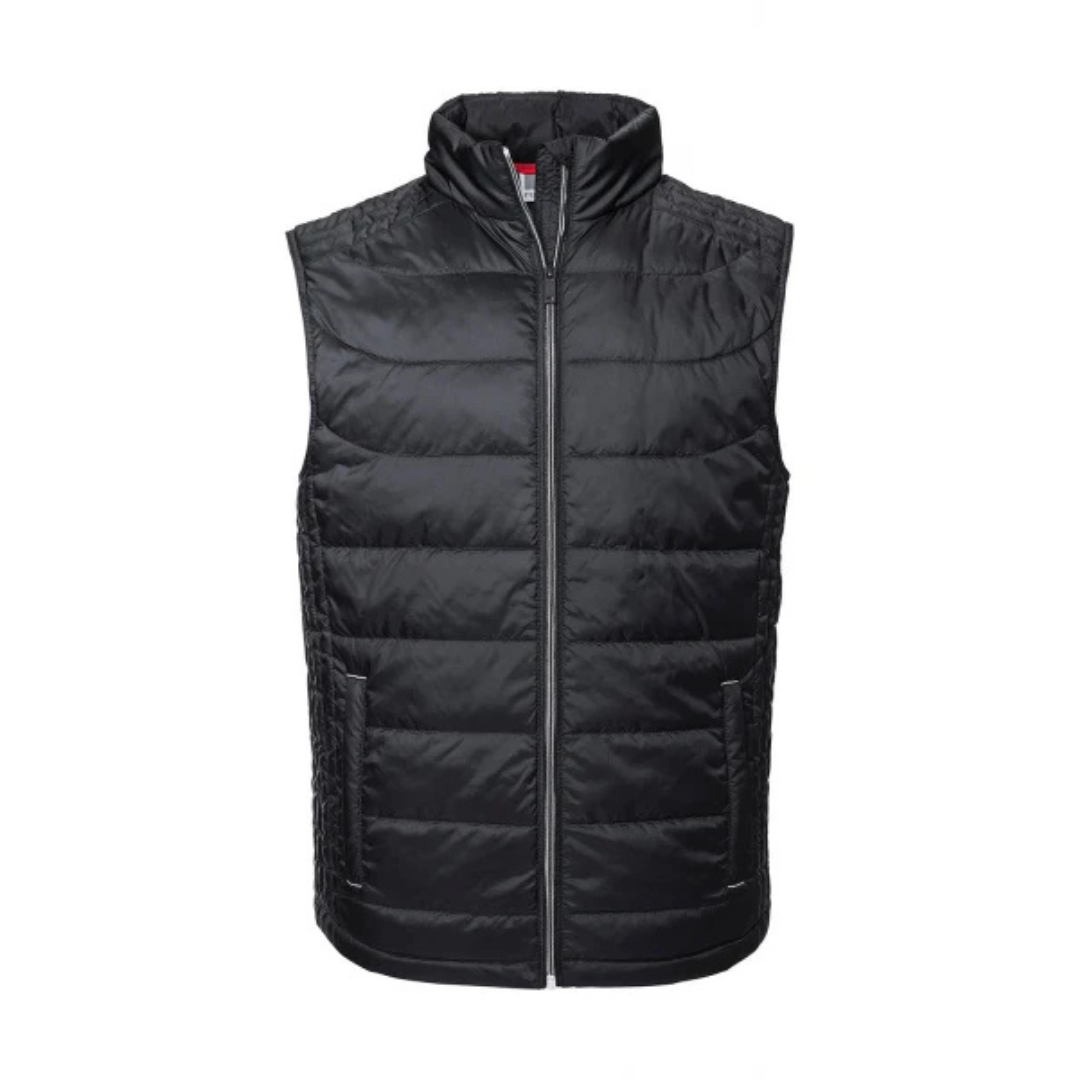 Chaleco acolchado para hombre hecho con RPET reciclado, ideal para ropa laboral y merchandising corporativo sostenible