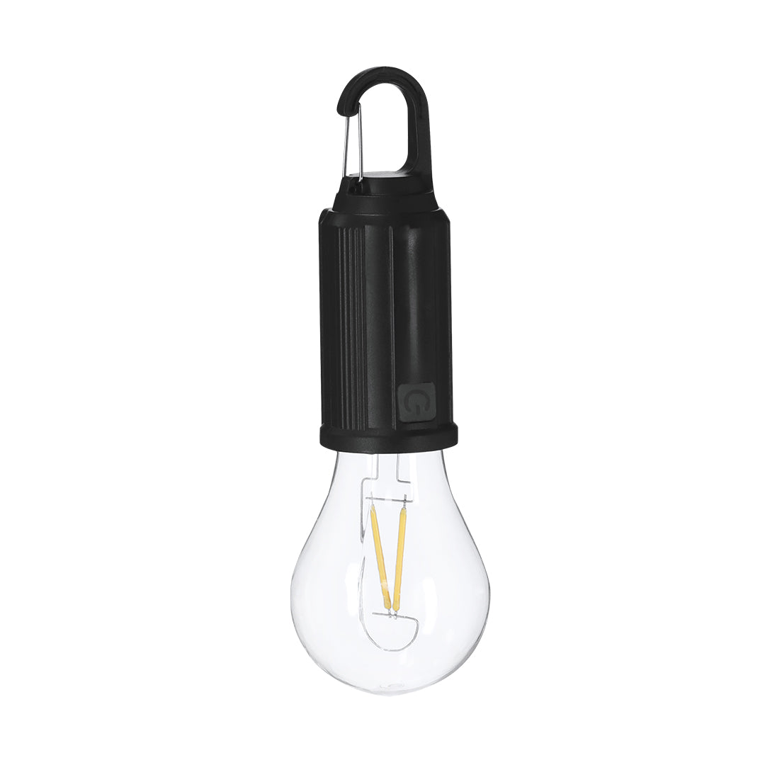 Lámpara promocional con diseño de bombilla y mosquetón para transporte