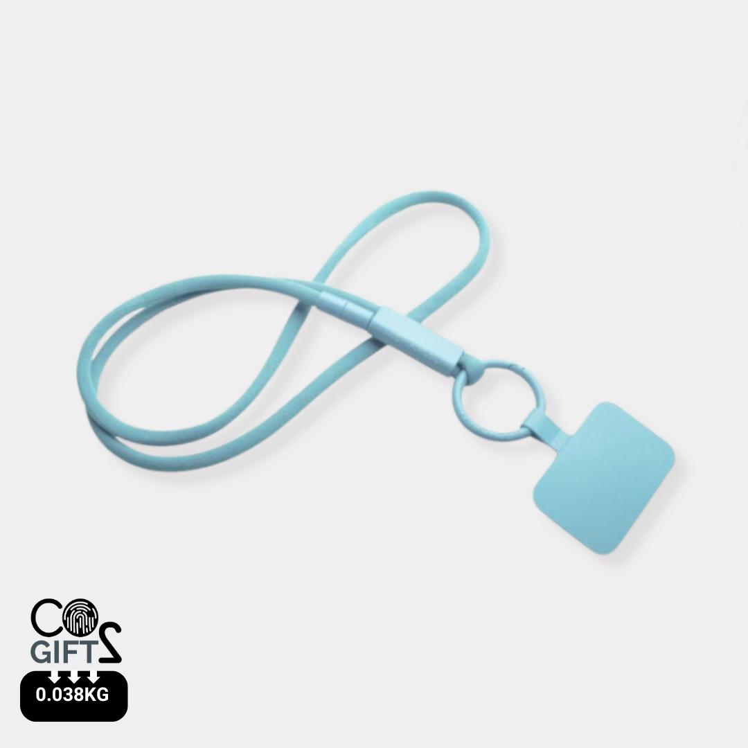 Lanyard azul claro reciclado soporte telefono bajo impacto carbono 0,038 kg CO2e merchandising corporativo sostenible
