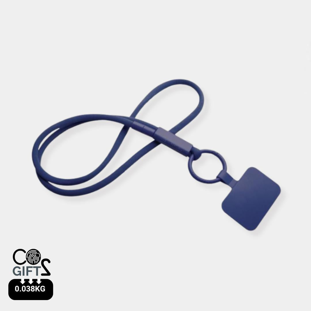 Lanyard azul marino reciclado soporte smartphone fabricado en Portugal acreditaciones sostenibles bajo carbono