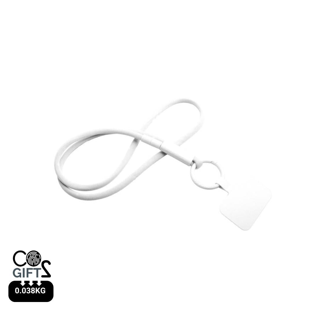 Lanyard blanco reciclado porta telefono fabricado en Portugal con huella carbono 0,038 kg CO2e ideal para acreditaciones sostenibles