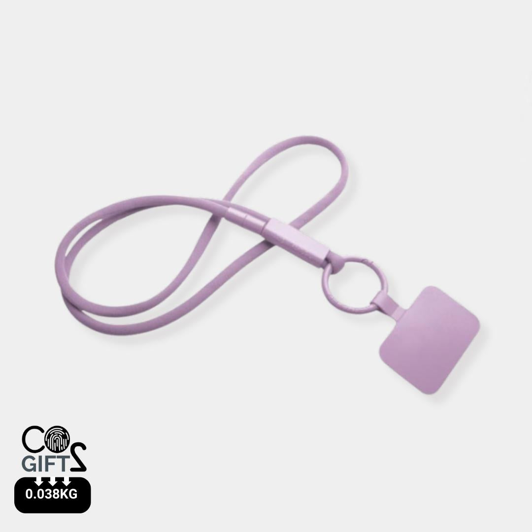 Lanyard lila reciclado porta telefono fabricado en Portugal bajo impacto ambiental CO2e para congresos sostenibles