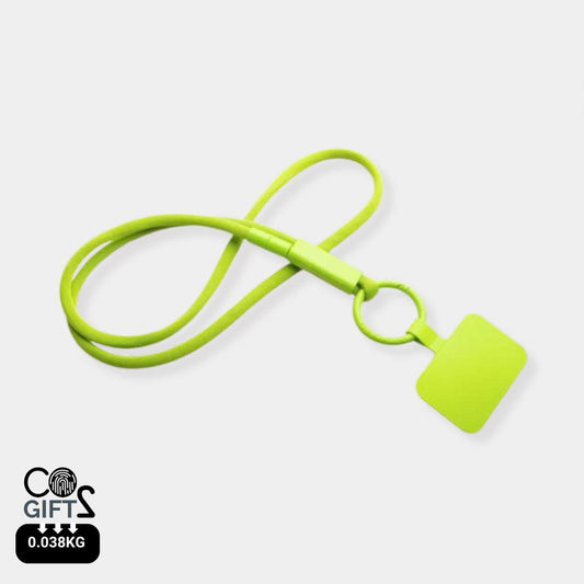 Lanyard amarillo reciclado con soporte movil made in Europe Portugal merchandising sostenible bajo impacto carbono