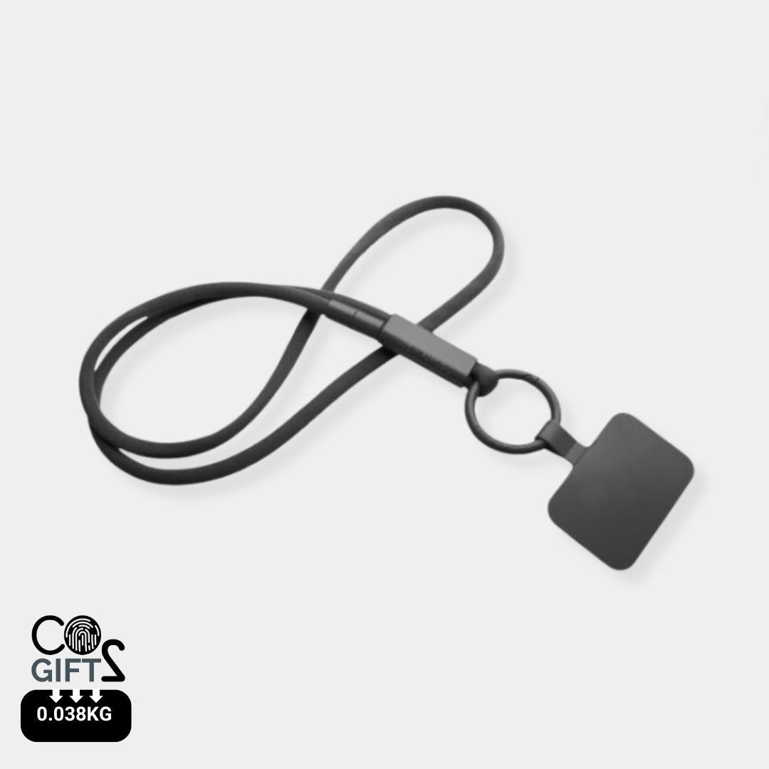 Lanyard negro reciclado porta telefono premium made in Europe Portugal huella carbono 0,038 kg CO2e empresas