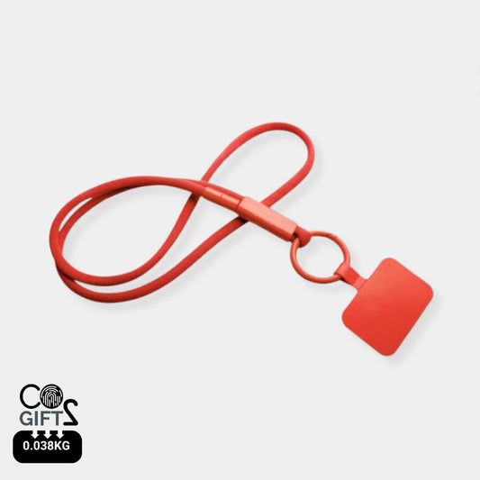 Lanyard rojo reciclado porta telefono huella carbono calculada 0,038 kg CO2e fabricacion europea para eventos ESG
