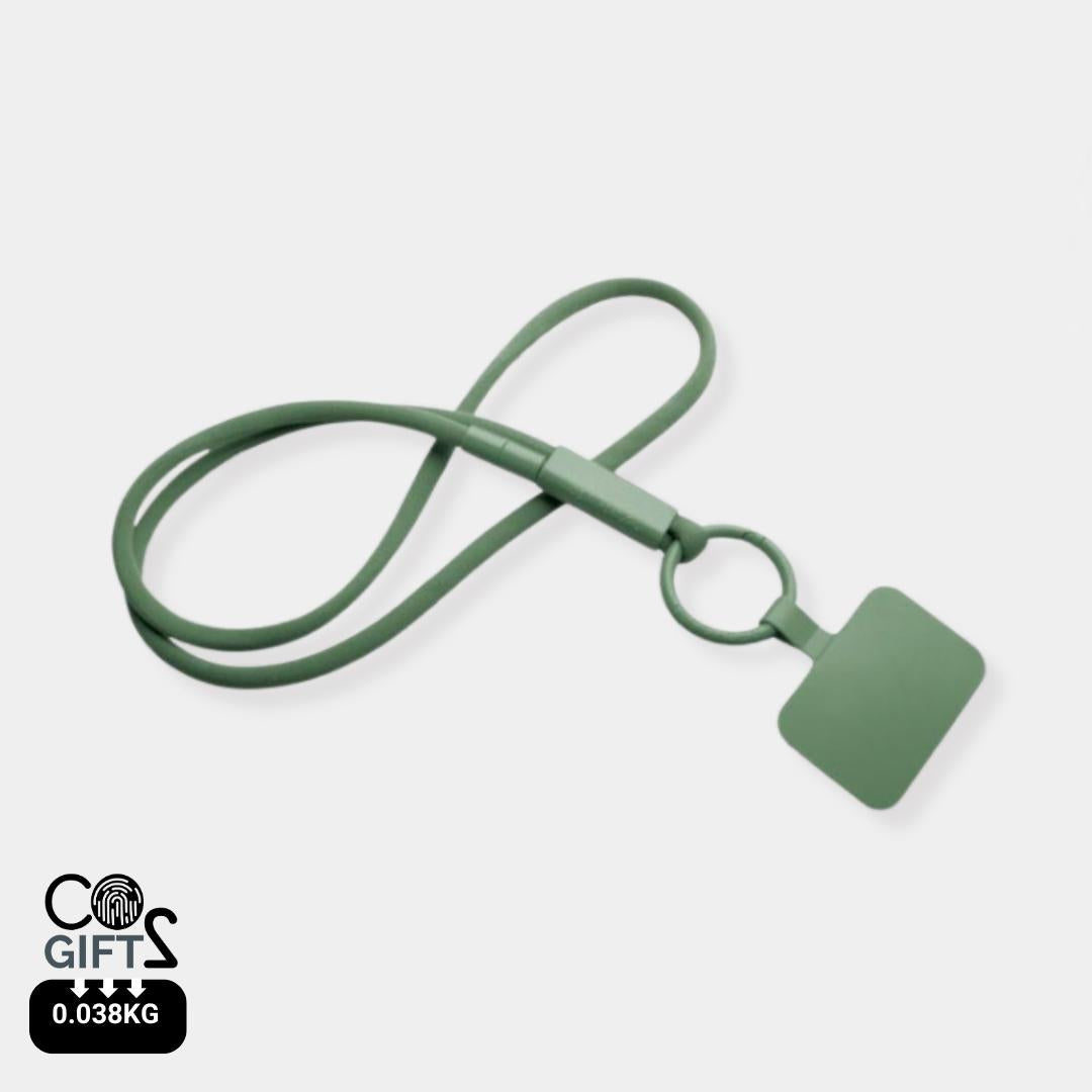 Lanyard verde claro reciclado huella carbono calculada 0,038 kg CO2e porta telefono sostenible eventos profesionales