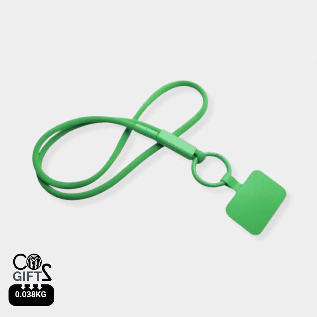 Lanyard verde reciclado soporte telefono fabricacion europea Portugal merchandising sostenible empresas