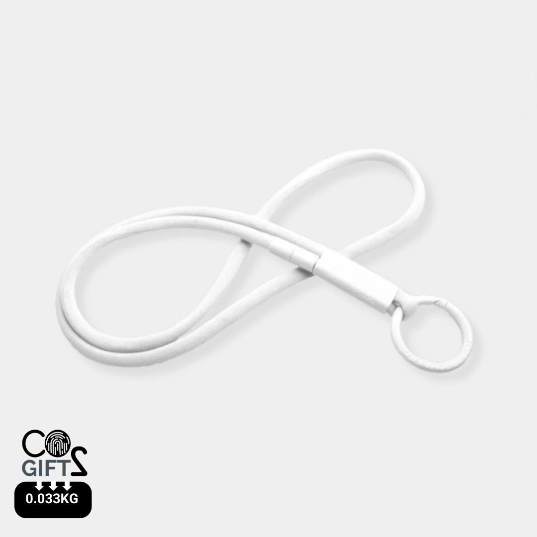 Lanyard blanco reciclado made in Portugal con huella carbono 0,033 kg CO2e ideal para congresos y acreditaciones sostenibles