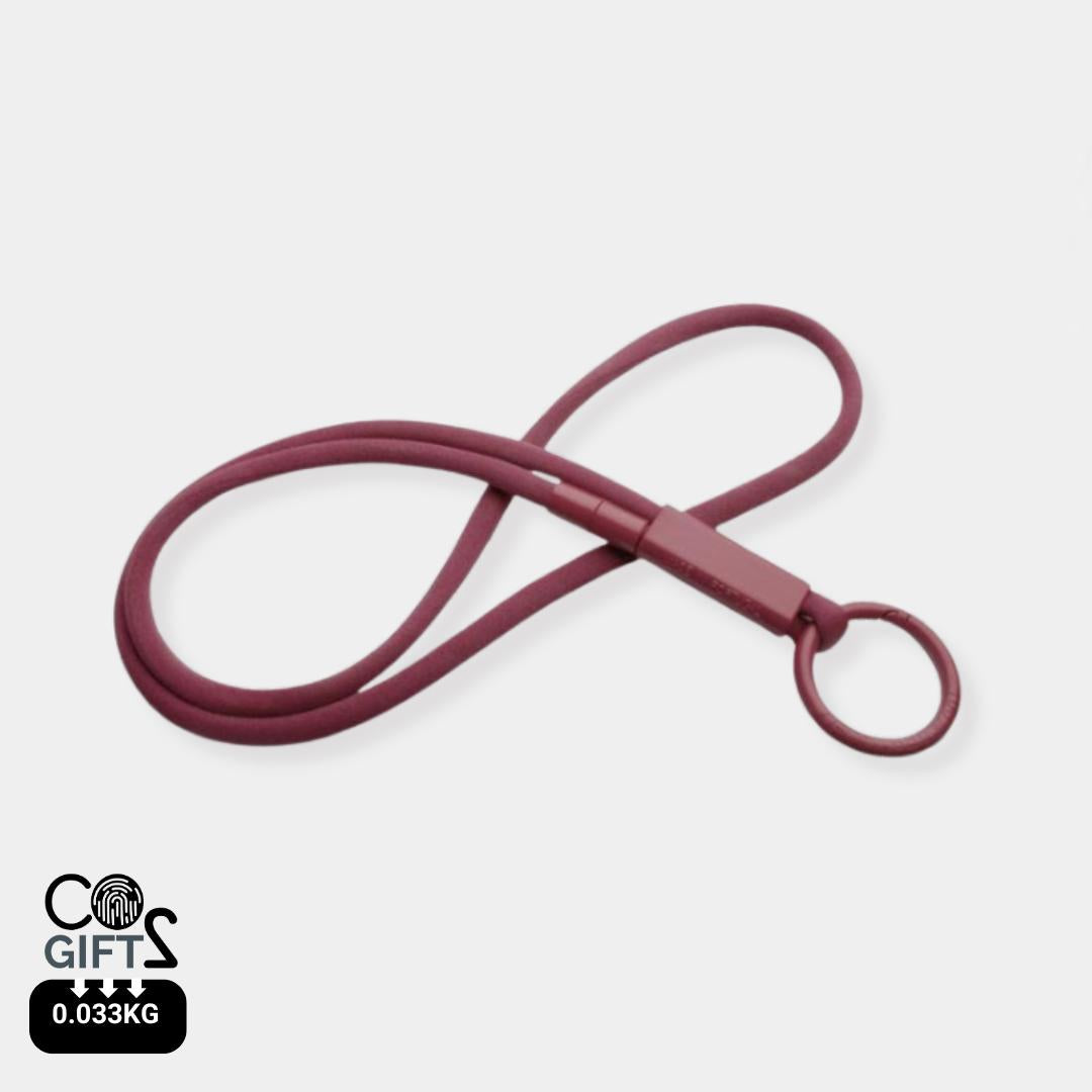 Lanyard burdeos reciclado huella carbono 0,033 kg CO2e fabricación Portugal eventos responsables