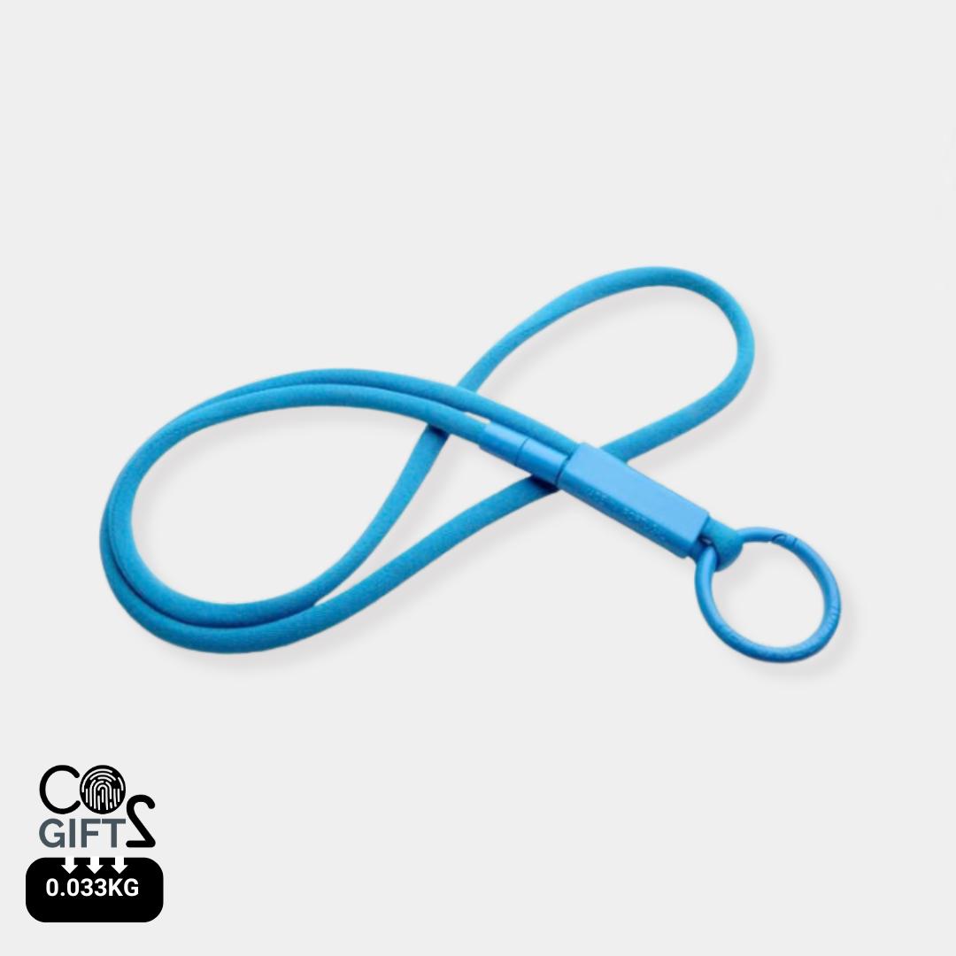Lanyard celeste reciclado made in Portugal merchandising sostenible congresos empresas