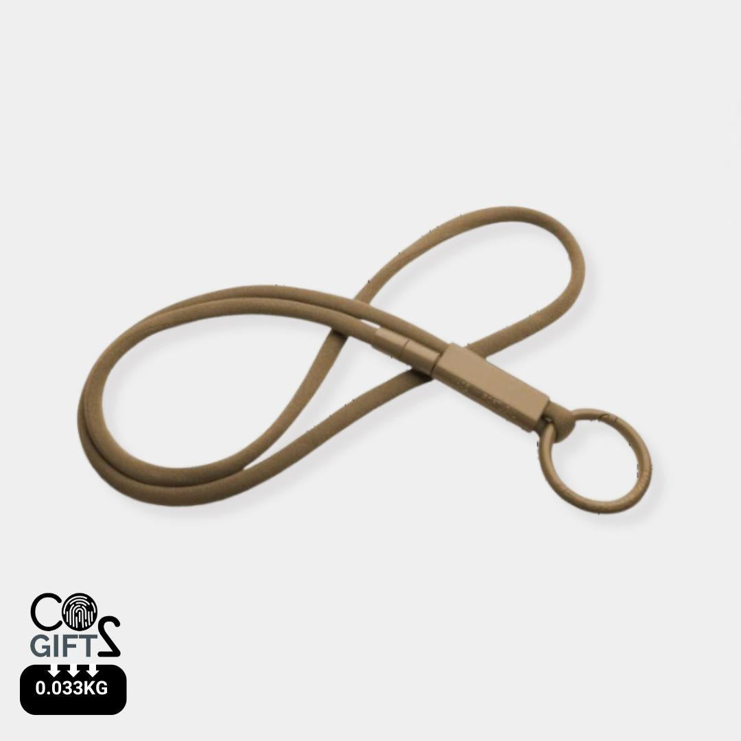 Lanyard bronce reciclado huella carbono calculada fabricación Portugal eventos profesionales