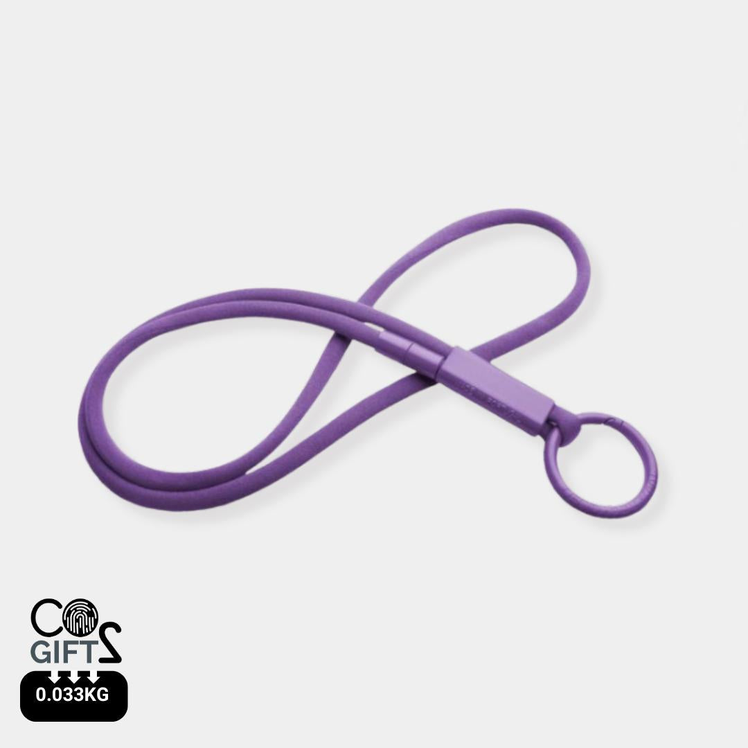 Lanyard morado reciclado Portugal impacto carbono bajo para empresas responsables