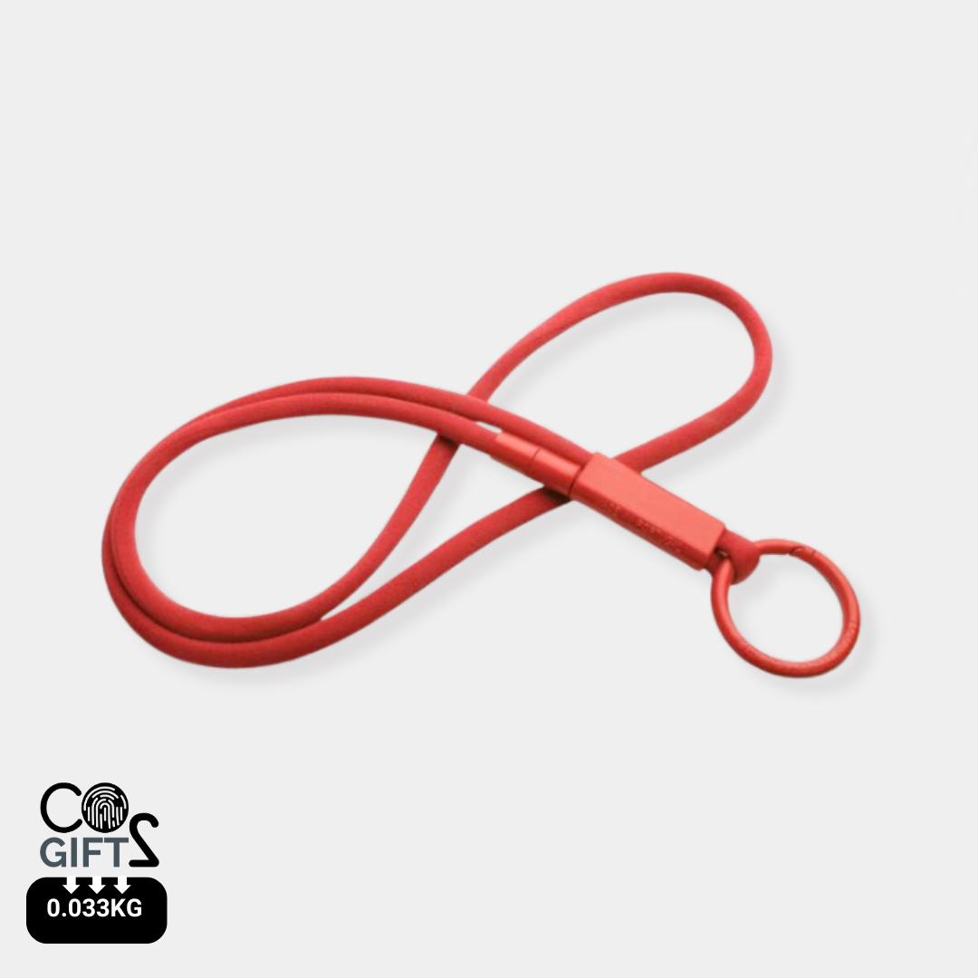 Lanyard rojo reciclado fabricado en Portugal huella carbono calculada merchandising ESG