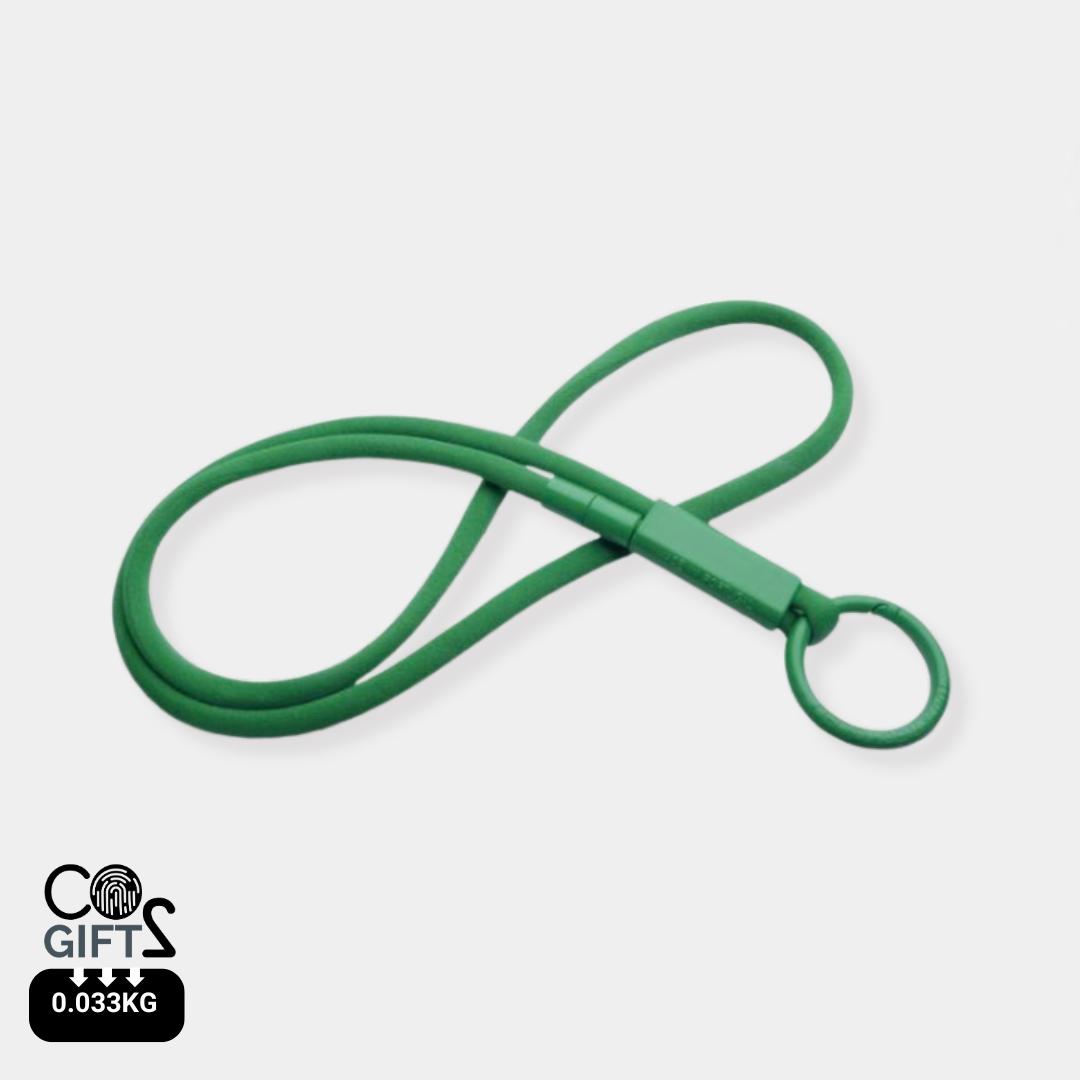 Lanyard verde reciclado Portugal bajo impacto carbono para acreditaciones sostenibles