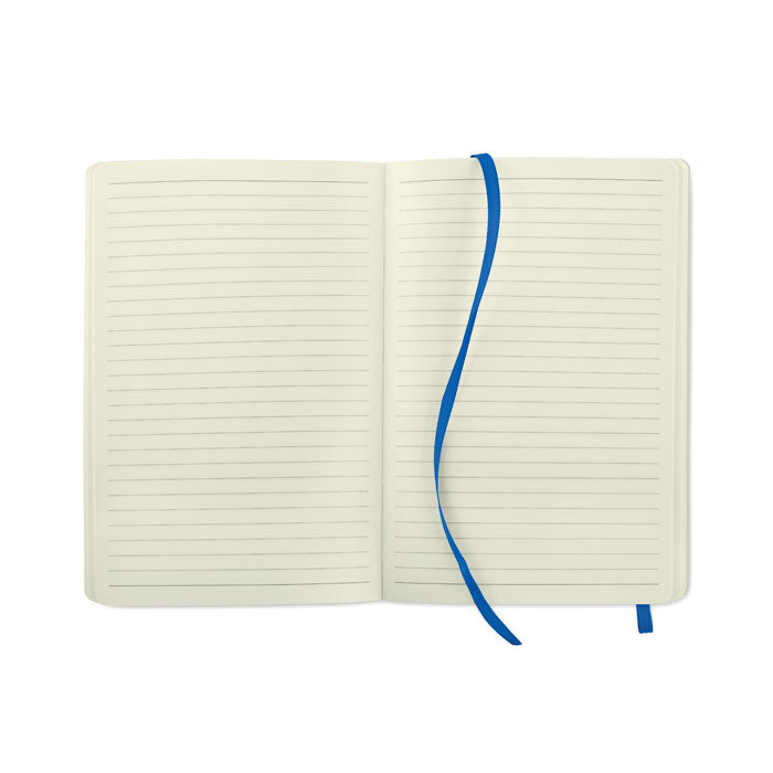 Libreta corporativa reciclada con banda elástica y marcapáginas a juego