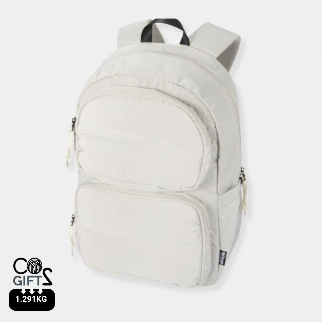Mochila portatil reciclada blanca certificada GRS con huella carbono calculada 1,291 kg CO2e ideal para welcome packs y empresas sostenibles
