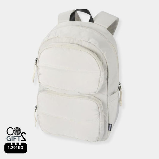 Mochila portatil reciclada blanca certificada GRS con huella carbono calculada 1,291 kg CO2e ideal para welcome packs y empresas sostenibles