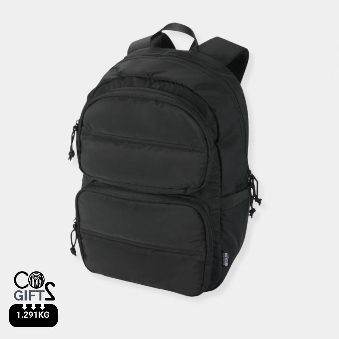 Mochila portatil reciclada negra certificada GRS con huella carbono calculada 1,291 kg CO2e ideal para welcome packs y empresas sostenibles