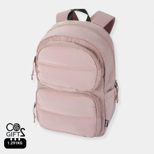Mochila portatil rosa reciclada certificada GRS con huella carbono calculada 1,291 kg CO2e ideal para welcome packs y empresas sostenibles