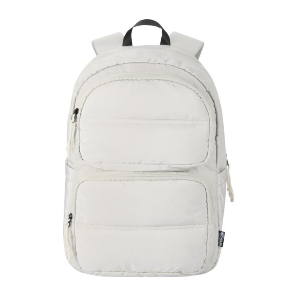 Mochila portatil reciclada certificada GRS con huella carbono calculada 1,291 kg CO2e ideal para welcome packs y empresas sostenibles