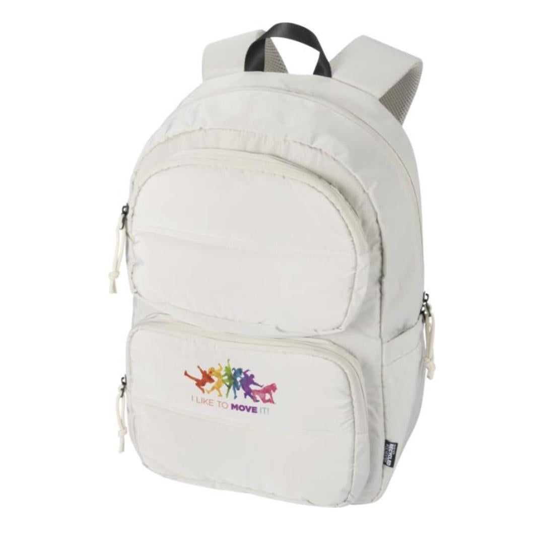 personalización en Mochila portatil reciclada certificada GRS con huella carbono calculada 1,291 kg CO2e ideal para welcome packs y empresas sostenibles