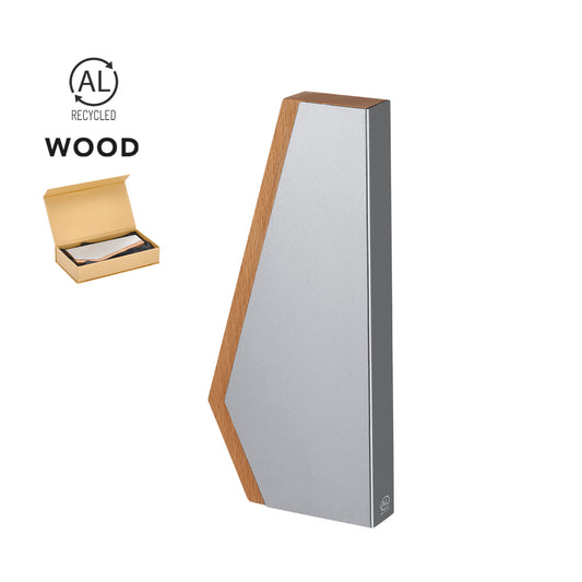 Placa trofeo de aluminio reciclado con base de madera Sindar ideal para premios y reconocimientos corporativos