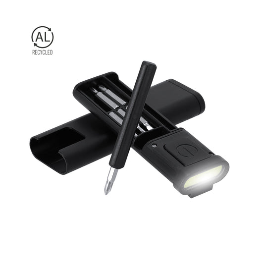 Set de herramientas multifunción con linterna LED fabricado en aluminio reciclado ideal para regalos promocionales sostenibles