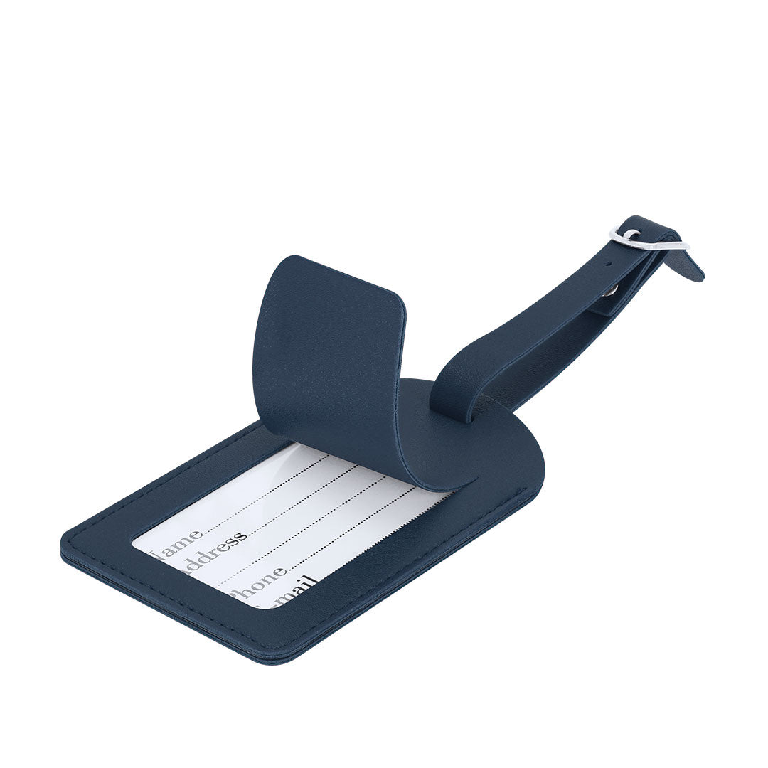 Detalle material PU reciclado en identificador de equipaje sostenible para empresas