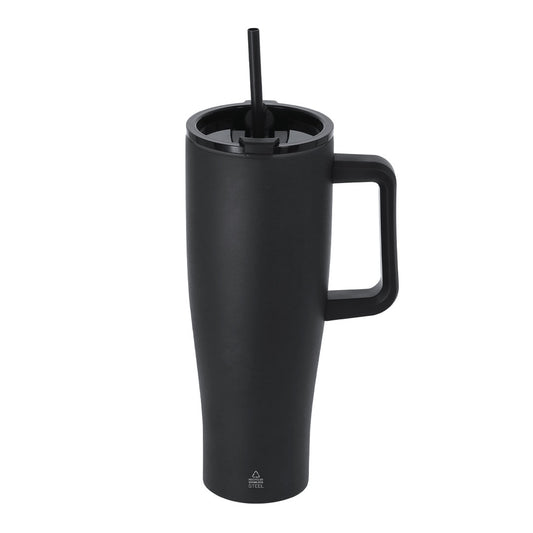 Taza Leandrok negra de acero inoxidable reciclado para productos promocionales personalizados
