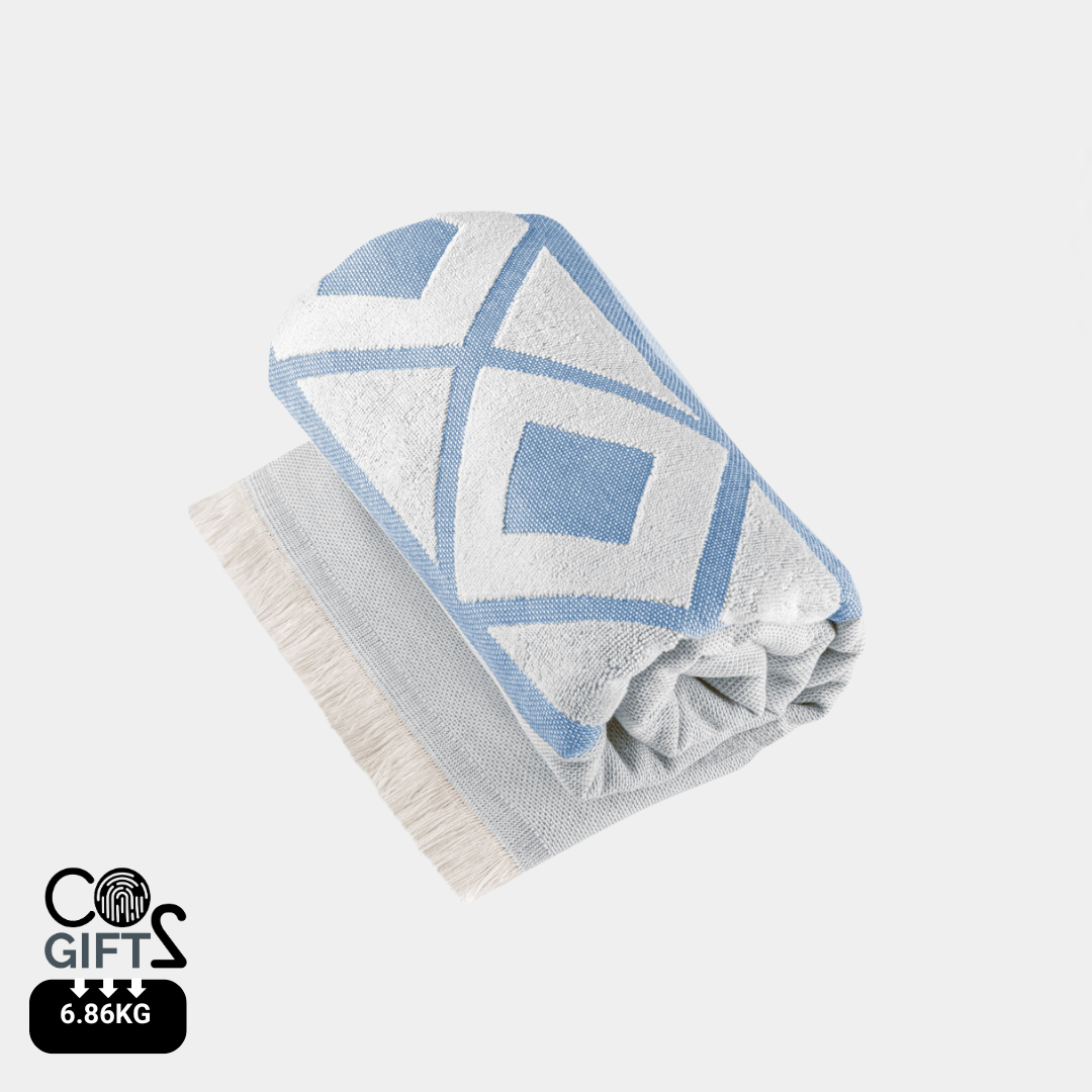 Toalla ecológica personalizable en algodón reciclado y certificación OEKO-TEX® color azul .