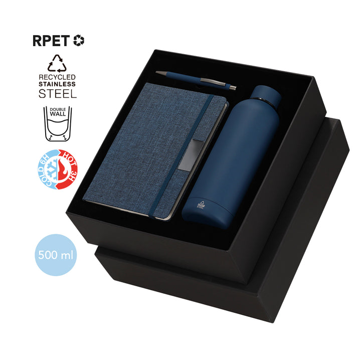 Welcome pack sostenible para empleados con bidón térmico, libreta y bolígrafo personalizados