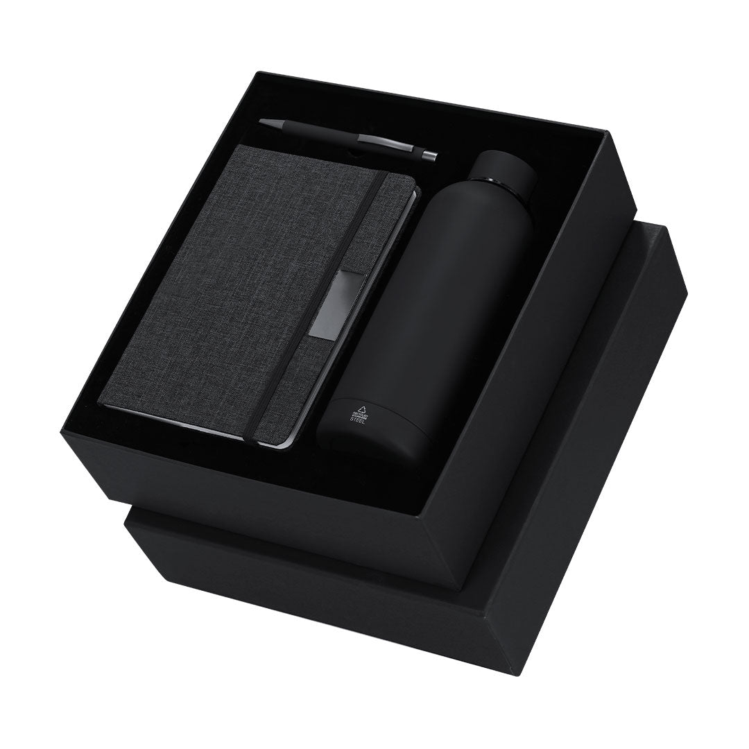 Kit de bienvenida para empresa con productos sostenibles reciclados color negro