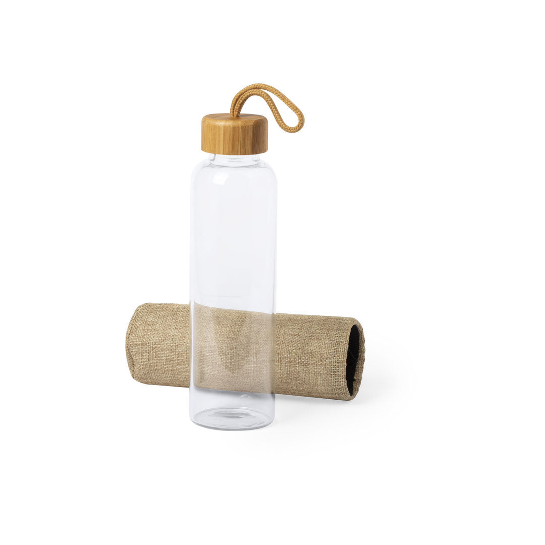 Bidón Sostenible Oficina de Cristal con Funada Personalizable y Tapon de Bambú con Asa Kasfol 500 ml