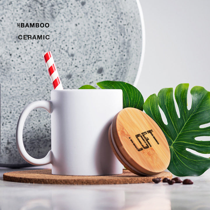 Taza de cerámica con tapa de bambú personalizada para oficinas, onboarding y welcome packs sostenibles