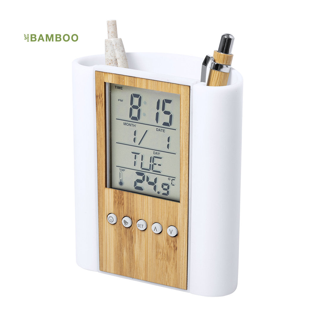 Lapicero Sostenible de ABS y Bambú Personalizable Multifunción de Calendario Alarma y Termómetro Petrox