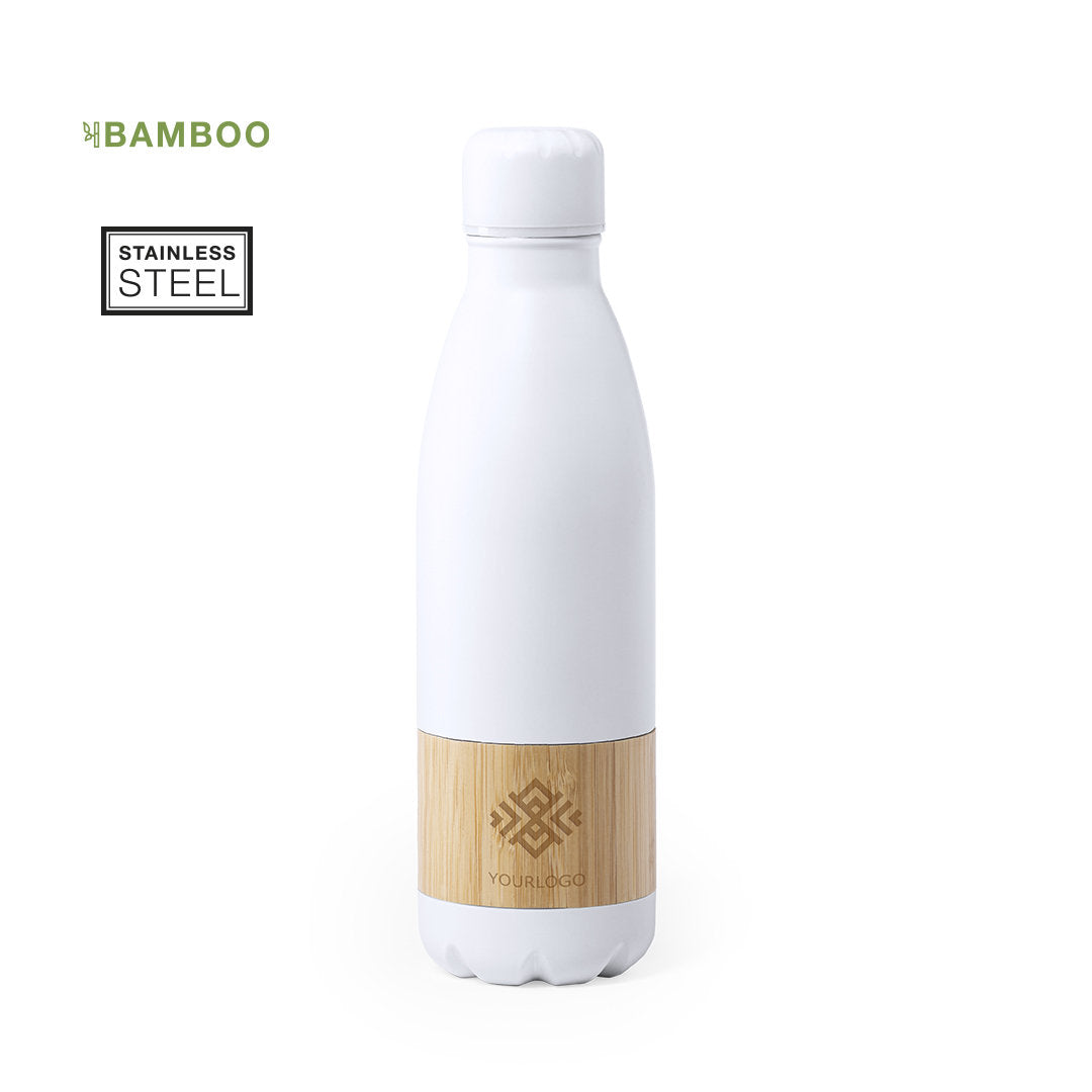 Bidón Sostenible de Acero Inoxidable Color Mate Blanco para Personalizar y Franja de Bambú Syrma 750 ml
