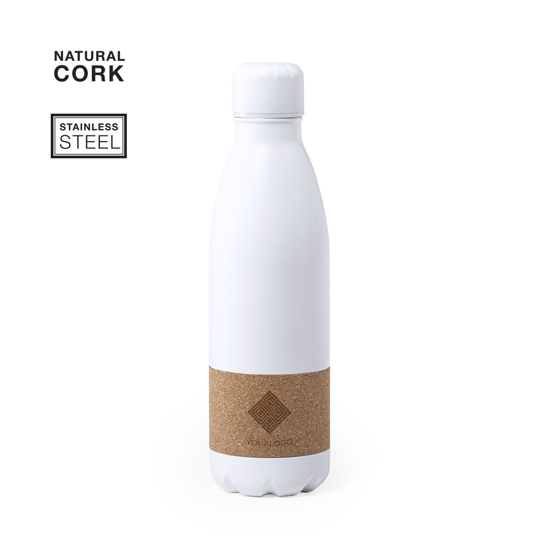 Bidón Sostenible de Acero Inoxidable Color Blanco Mate para Personalizar y Franja de Corcho Natural Rekka 750 ml