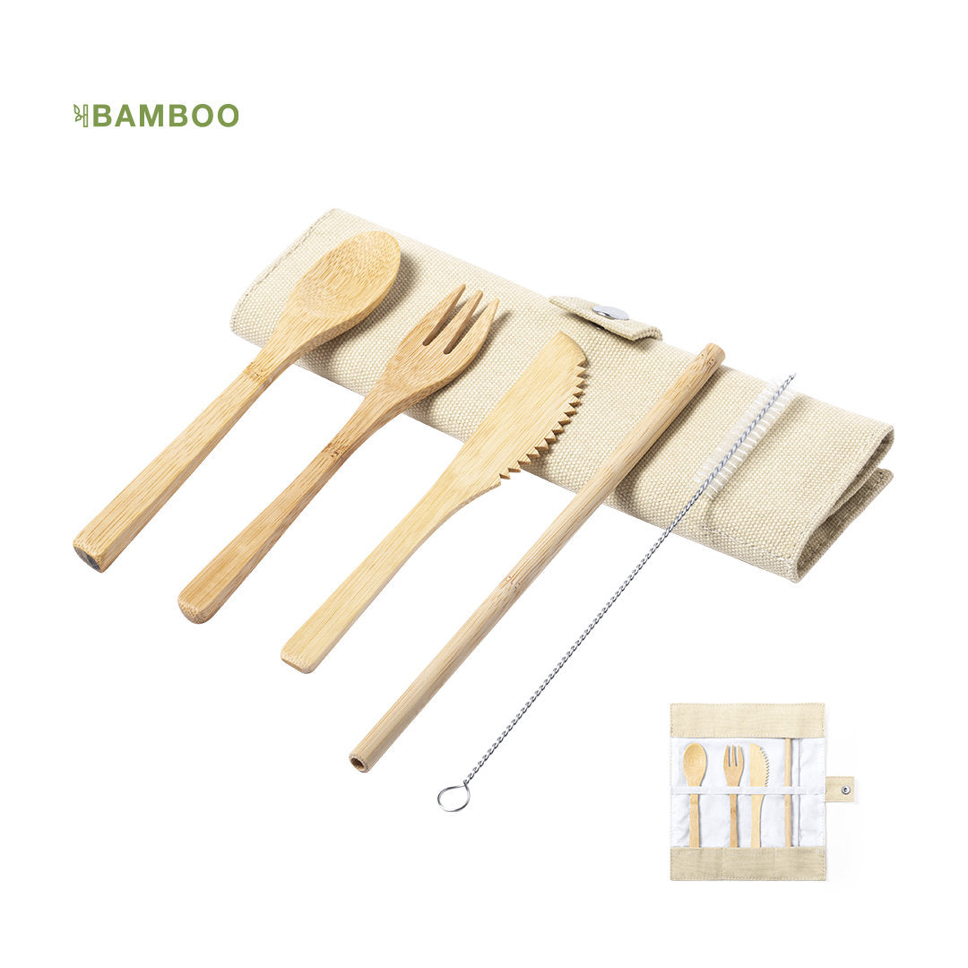 Set de Cubiertos de Bambú para Personalizar con Funda y Cierre con Corchete  Corpax