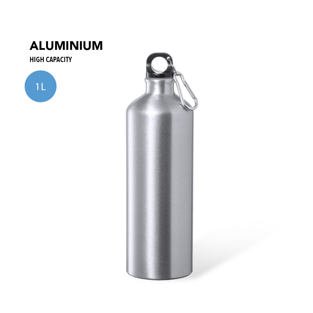 Bidón Deportivo de Aluminio Acabado Brillo para Publicidad con Tapón de Seguridad y Mosquetón Alwey 1L