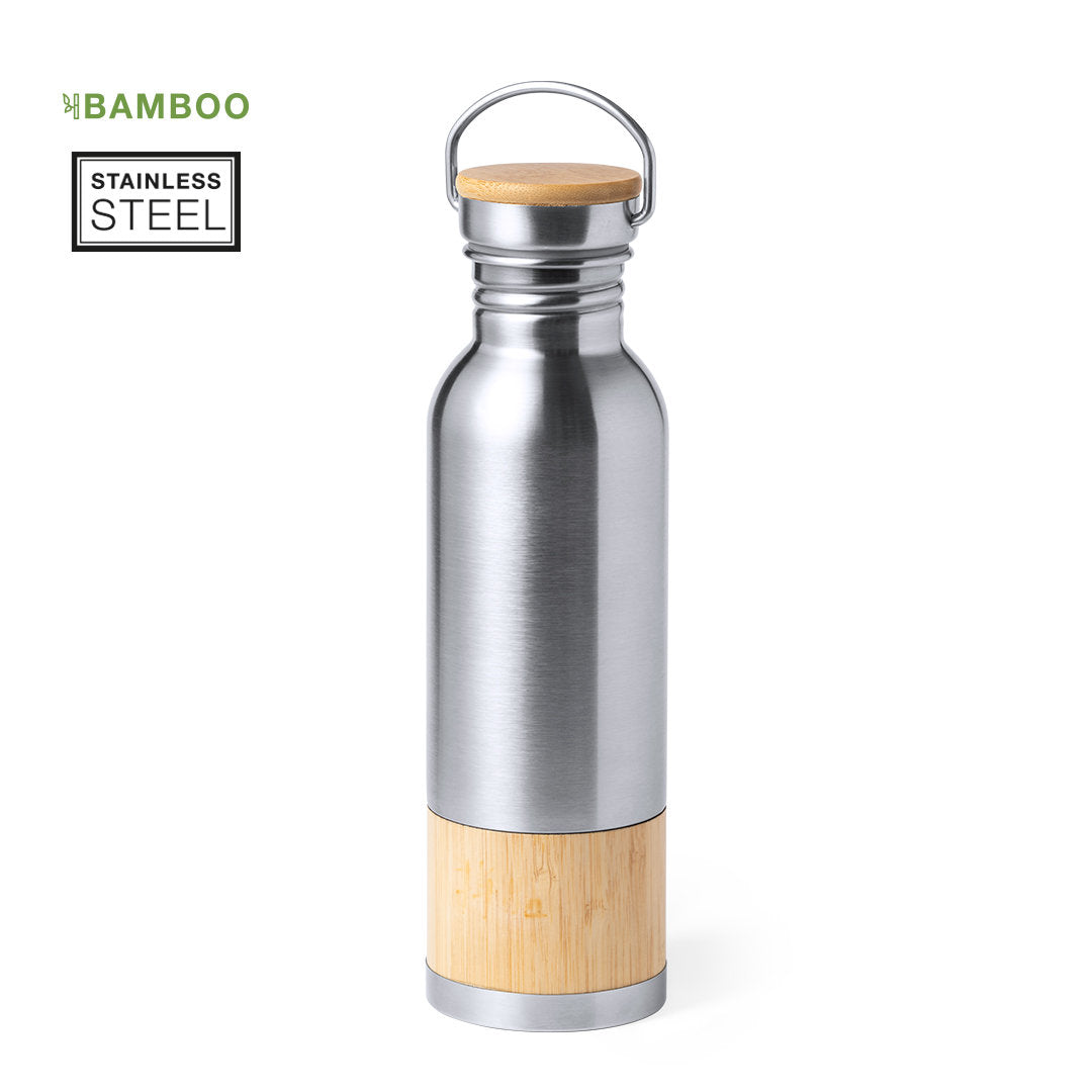 Bidón  de Acero Inoxidable para Personalizar con Detalle Bambú con Tapón de Seguridad Gaucix 800 ml
