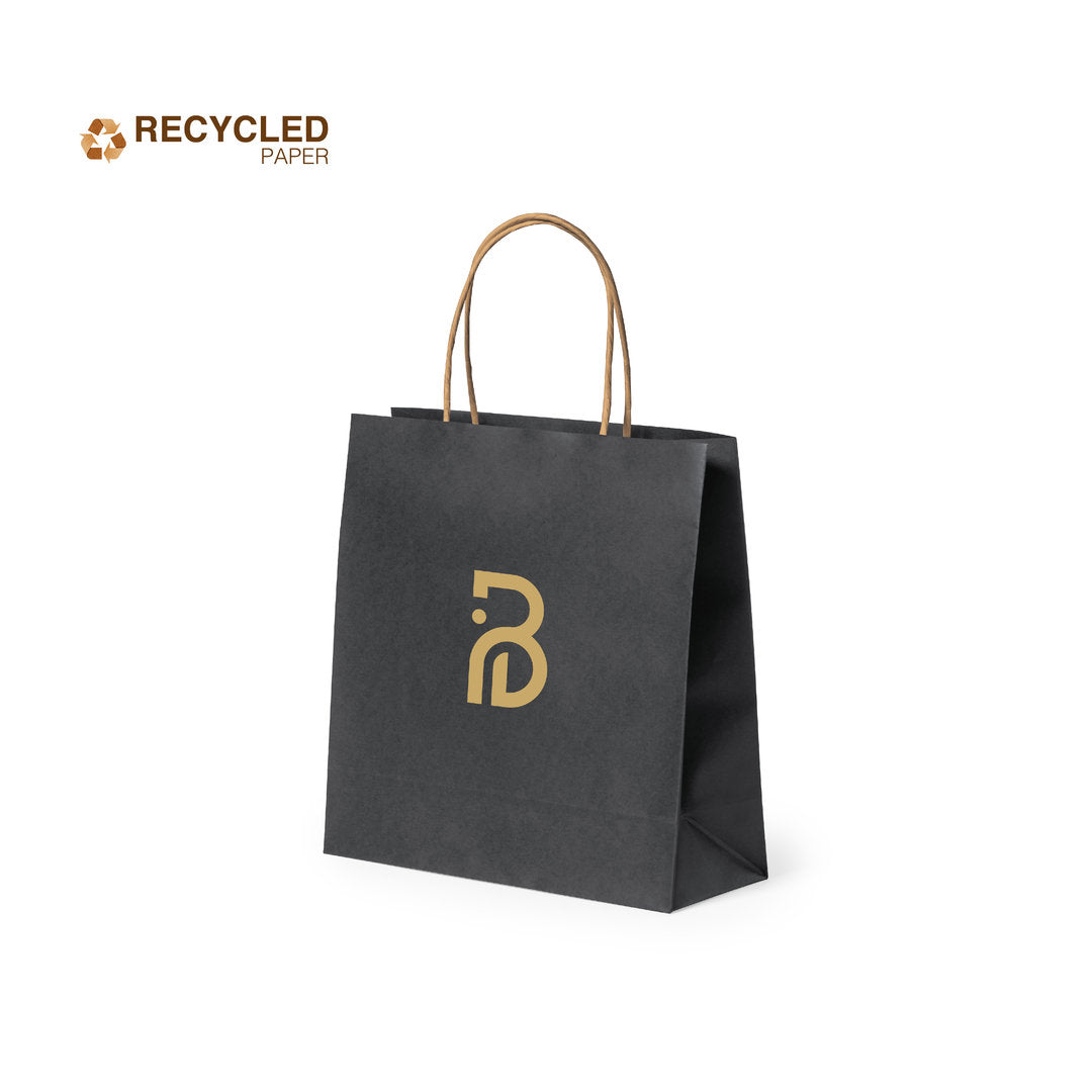 Bolsa Reutilizable de Papel Reciclado Negro Personalizable con Asas Cortas y Fuelle Fortis - 6 Kg