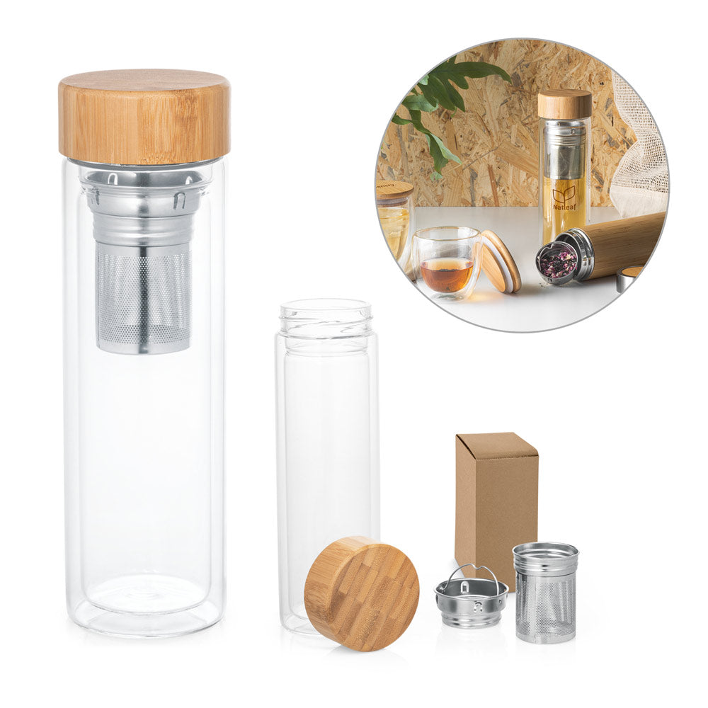 Botella de Vidrio de Doble Pared y Tapa de Bambú para Personalizar con dos Infusores de Acero Inoxidable Especial Infusiones Makarova - 490 ml