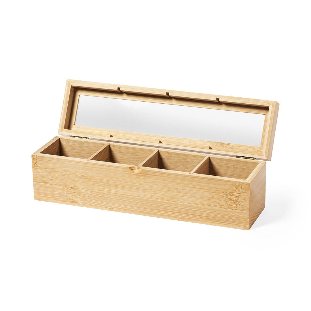 Caja para Té Sostenible de Bambú para Personalizar con 4 Compartimentos y Tapa de Cristal Zirkony