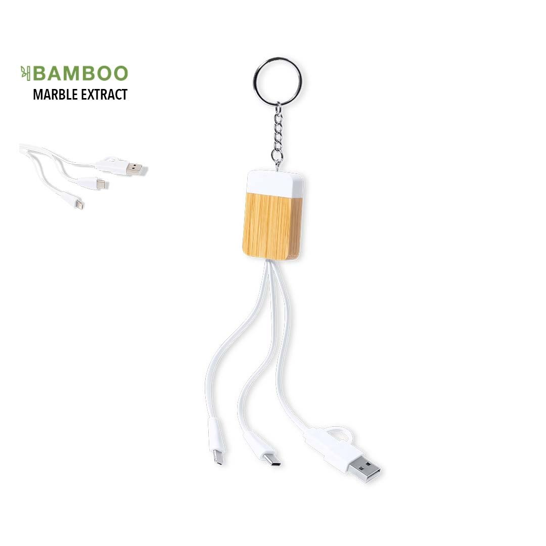 Cable Cargador Ecológico de Bambú con Detalle en Extracto de Mármol con Llavero Personalizable Brestin