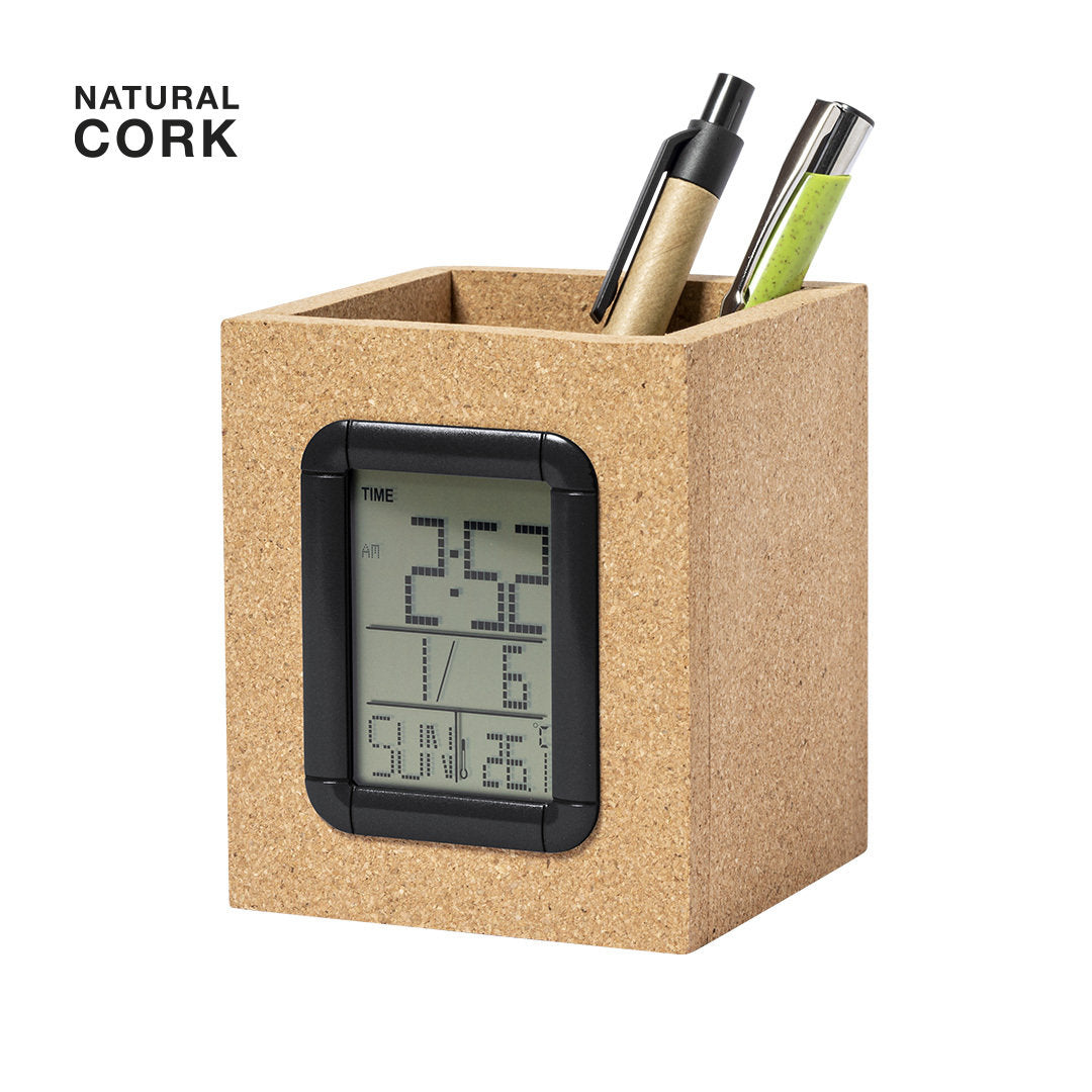 Lapicero Sostenible de Corcho para Personalizar con Reloj Multifunción con Calendario, Alarma y Termómetro Especial Oficina Wicam